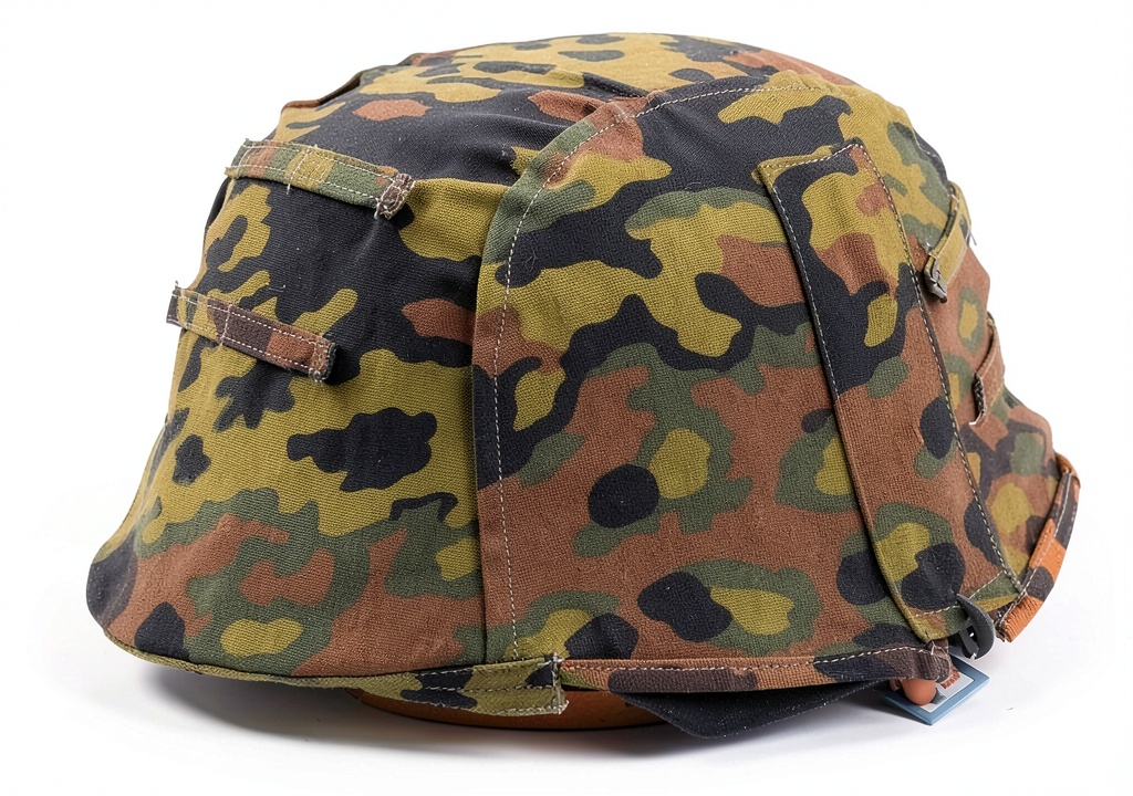 WWII German helmet cover in camouflage on a reenactment field