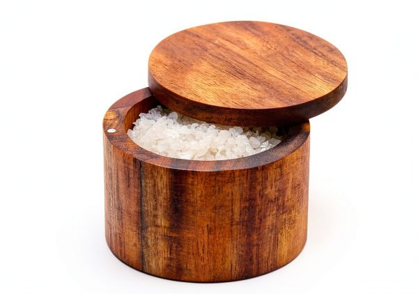 Acacia Salt Cellar Phininia Wood Salt Box with Swivel Cover 7oz Brown-3