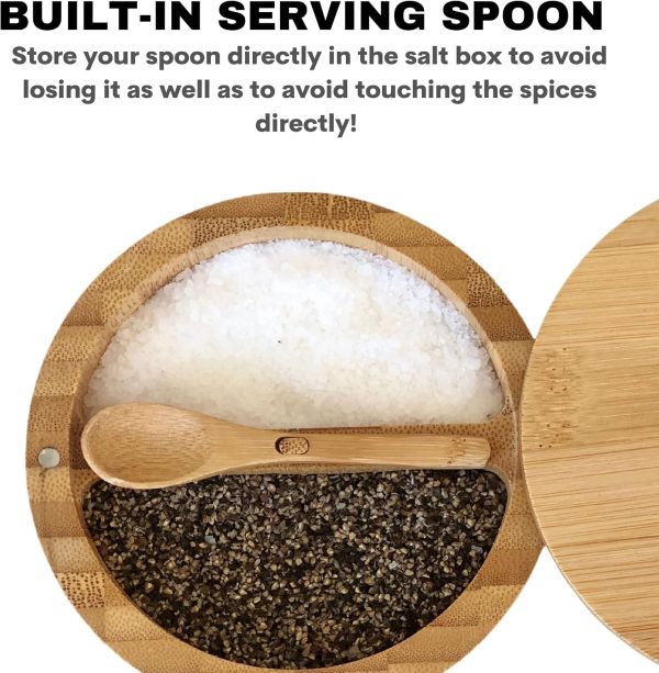 Bamboo Salt and Pepper Box - 2 Compartment - Built-in Serving Spoon - Swivel Lid with Magnet to Keep Dry, Dust-free - Salt Cellar Seasoning Container Holder Bowl- Divider with 7 Ounce Capacity-1