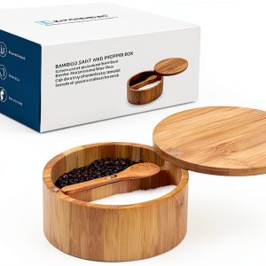 Bamboo Salt and Pepper Bowl Box KITCHENDAO 7oz Container with Spoon-0