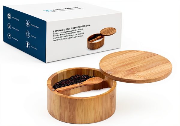 Bamboo Salt and Pepper Bowl Box KITCHENDAO 7oz Container with Spoon-0