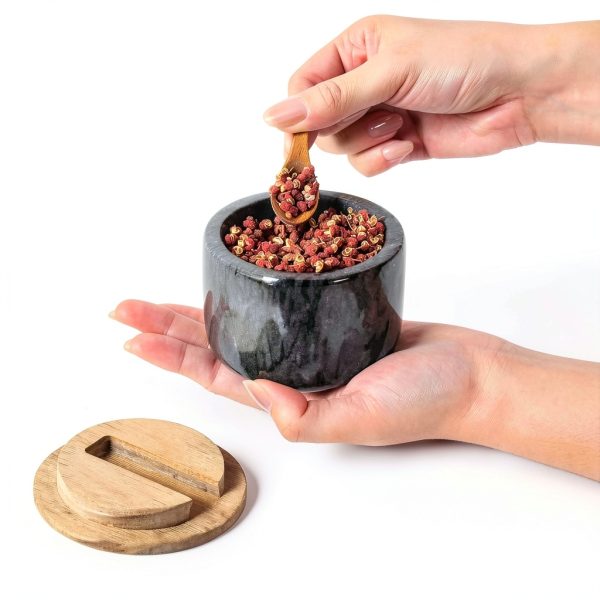 RAETTER.LY Marble Salt and Pepper Bowl with Wood Lid - 6.5oz Black-5