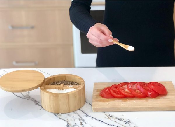 Bamboo Salt and Pepper Box - 2 Compartment - Built-in Serving Spoon - Swivel Lid with Magnet to Keep Dry, Dust-free - Salt Cellar Seasoning Container Holder Bowl- Divider with 7 Ounce Capacity-7