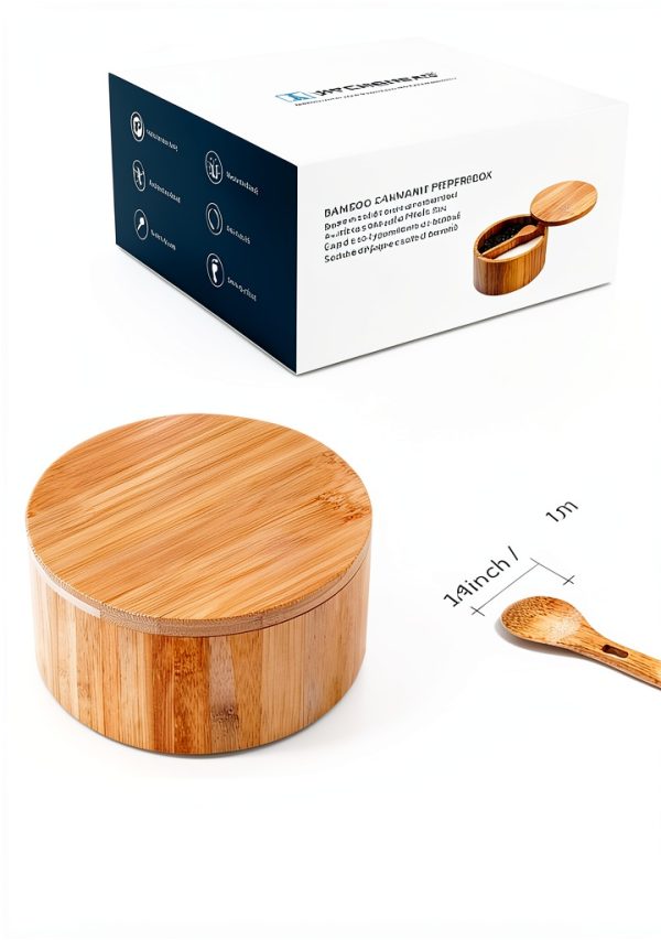Bamboo Salt and Pepper Bowl Box KITCHENDAO 7oz Container with Spoon-5
