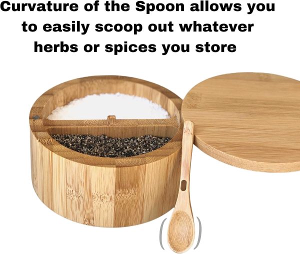 Bamboo Salt and Pepper Box - 2 Compartment - Built-in Serving Spoon - Swivel Lid with Magnet to Keep Dry, Dust-free - Salt Cellar Seasoning Container Holder Bowl- Divider with 7 Ounce Capacity-2