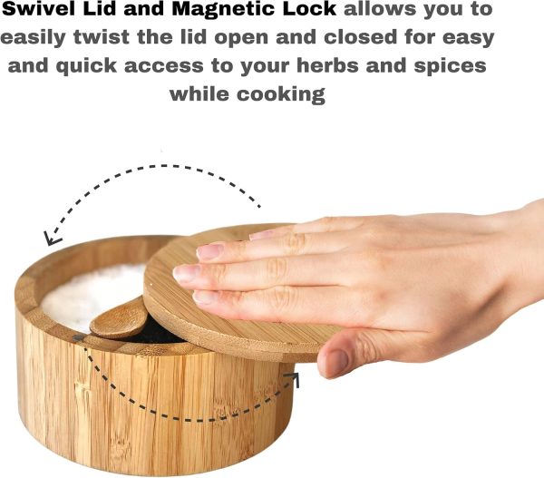 Bamboo Salt and Pepper Box - 2 Compartment - Built-in Serving Spoon - Swivel Lid with Magnet to Keep Dry, Dust-free - Salt Cellar Seasoning Container Holder Bowl- Divider with 7 Ounce Capacity-3