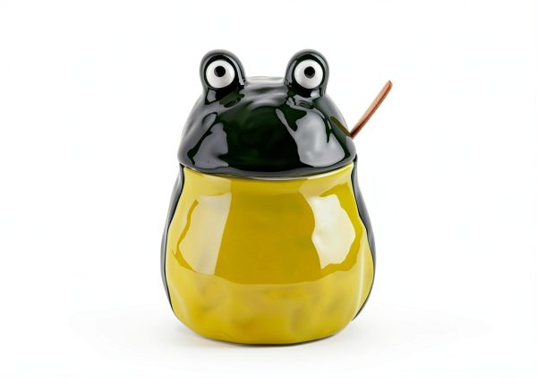 Frog Salt Cellar with Lid and Spoon Ceramic dgudgu Green Large-2