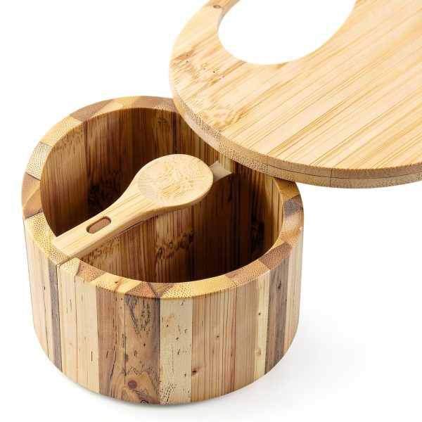 Bamboo Salt and Pepper Bowl Box KITCHENDAO 7oz Container with Spoon-4