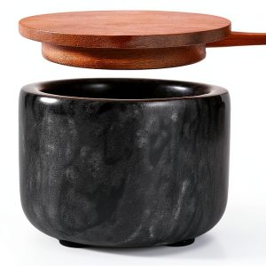 RAETTER.LY Marble Salt and Pepper Bowl with Wood Lid - 6.5oz Black-0