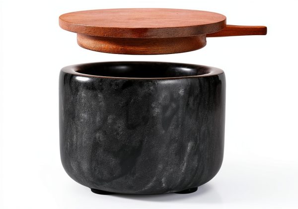 RAETTER.LY Marble Salt and Pepper Bowl with Wood Lid - 6.5oz Black-0