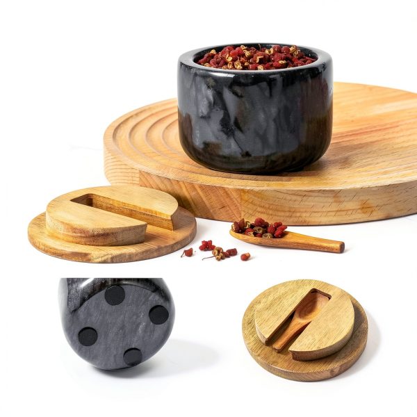 RAETTER.LY Marble Salt and Pepper Bowl with Wood Lid - 6.5oz Black-2