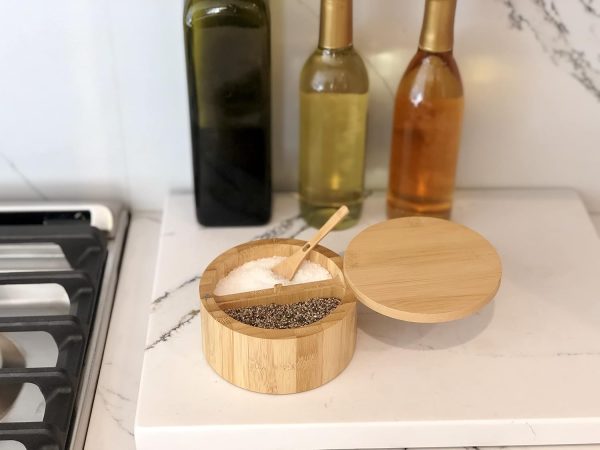Bamboo Salt and Pepper Box - 2 Compartment - Built-in Serving Spoon - Swivel Lid with Magnet to Keep Dry, Dust-free - Salt Cellar Seasoning Container Holder Bowl- Divider with 7 Ounce Capacity-6
