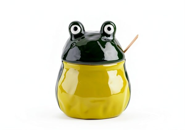 Frog Salt Cellar with Lid and Spoon Ceramic dgudgu Green Large-3