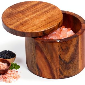 Salt Cellar MeowAroma Acacia Wood 8.5 oz with Magnetic Swivel Lid-0