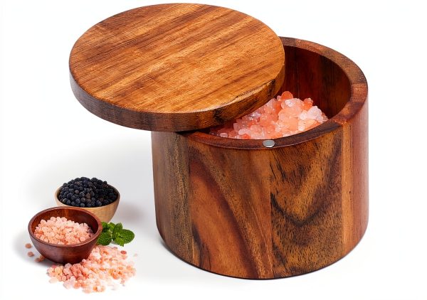 Salt Cellar MeowAroma Acacia Wood 8.5 oz with Magnetic Swivel Lid-0