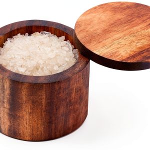 Acacia Salt Cellar Phininia Wood Salt Box with Swivel Cover 7oz Brown-0