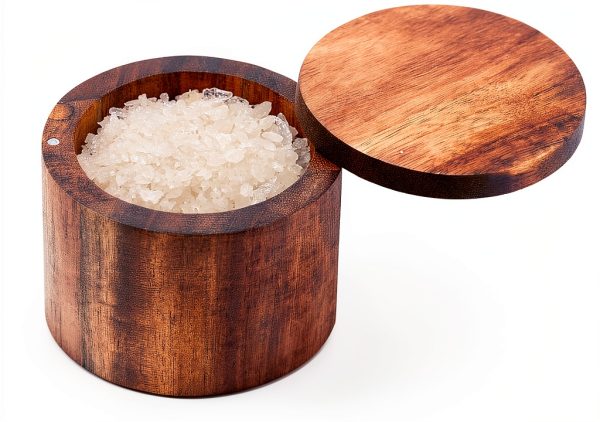 Acacia Salt Cellar Phininia Wood Salt Box with Swivel Cover 7oz Brown-0