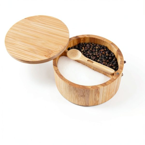 Bamboo Salt and Pepper Bowl Box KITCHENDAO 7oz Container with Spoon-2