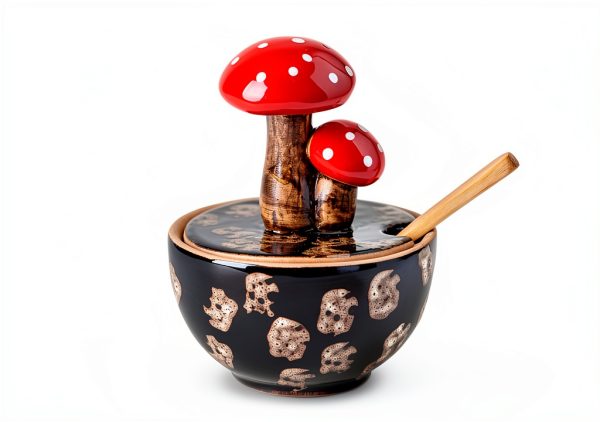 Brown Ceramic Mushroom Salt Cellar with Lid and Bamboo Spoon by xinrc-1
