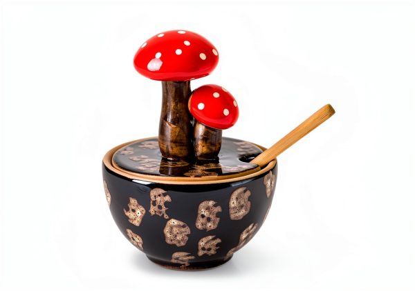 Brown Ceramic Mushroom Salt Cellar with Lid and Bamboo Spoon by xinrc-4
