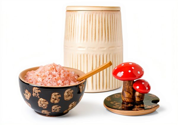 Brown Ceramic Mushroom Salt Cellar with Lid and Bamboo Spoon by xinrc-2