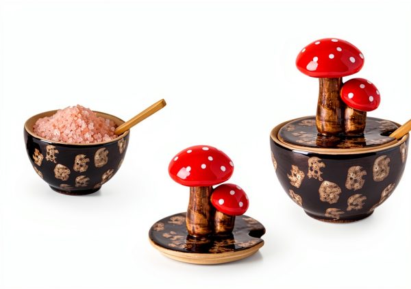 Brown Ceramic Mushroom Salt Cellar with Lid and Bamboo Spoon by xinrc-6