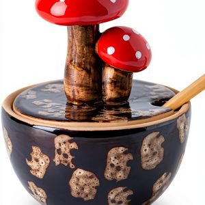 Brown Ceramic Mushroom Salt Cellar with Lid and Bamboo Spoon by xinrc-0