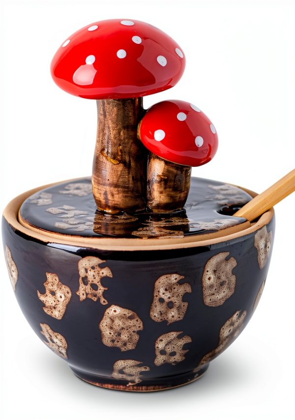 Brown Ceramic Mushroom Salt Cellar with Lid and Bamboo Spoon by xinrc-0