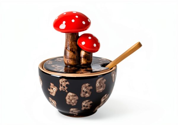 Brown Ceramic Mushroom Salt Cellar with Lid and Bamboo Spoon by xinrc-3